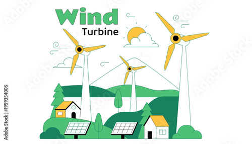 Wind turbine vector illustration with renewable energy sources and green landscape