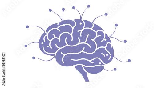 Brain illustration with purple color and white lines on a white background