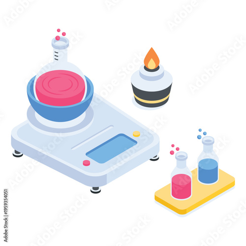Premium isometric illustration representing laboratory scientific experiment and chemical testing