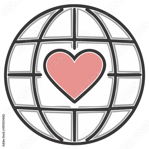 Stylized globe with a heart inside representing global love and care