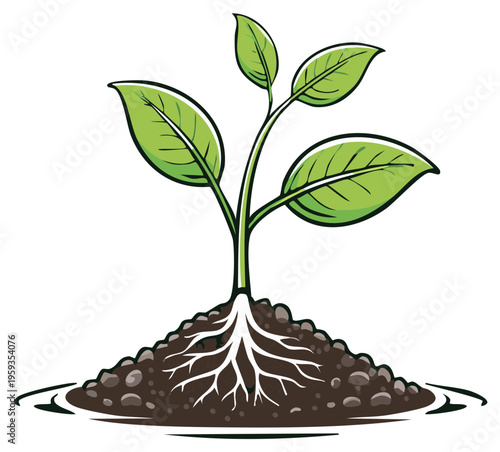 Vibrant green seedling with roots exposed in fertile soil mound, representing new life and sustainable growth