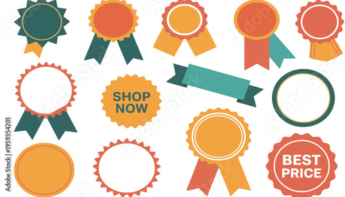 A set of colorful badge and ribbon icons for advertising and promotion