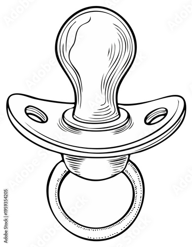 Engraved illustration of a baby's pacifier, a soother, or a dummy in black and white.