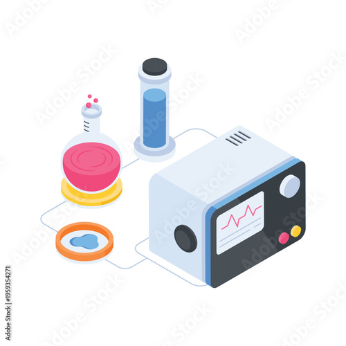 Modern isometric illustration representing medical research laboratory testing and analysis