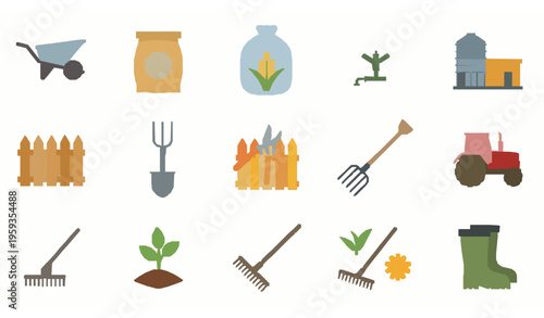 Agriculture Tools Flat Icons Colorful Farming Equipment Vector Set