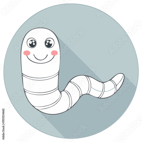 Cute cartoon worm character with rosy cheeks and big eyes on a round gray background with long shadow
