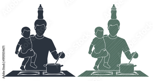 Father lovingly cooks with child in his arms