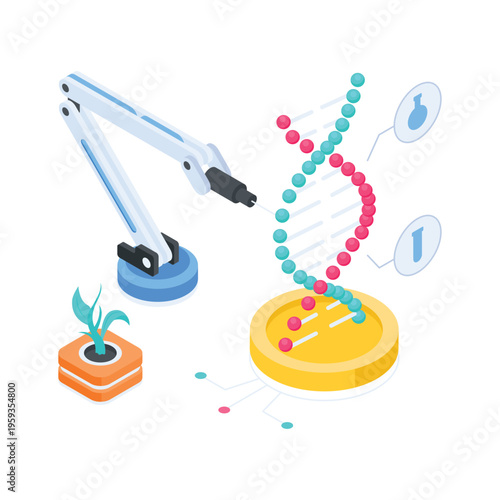 Visually engaging isometric illustration highlighting genetic engineering and dna technology