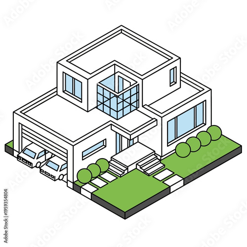 Isometric illustration of a modern two-story house with a garage, driveway, and manicured lawn, showcasing architectural design and suburban living.