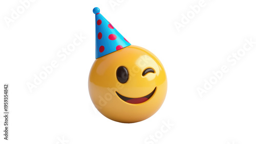 фотографія Playful 3D winking emoji wearing a festive party hat, expressing happiness and c