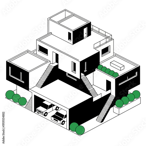An isometric illustration of a modern, multi-level house with a garage, balconies, and rooftop access, rendered in a stark black and white graphic style with green shrubbery accents.
