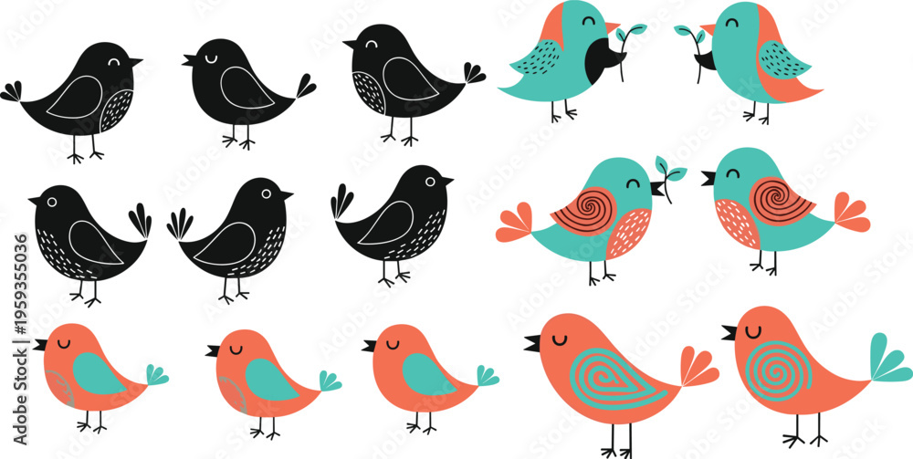 Fototapeta premium Set of cute bird illustrations featuring black silhouettes and colorful folk art characters with floral patterns, nature icons for nursery decor.