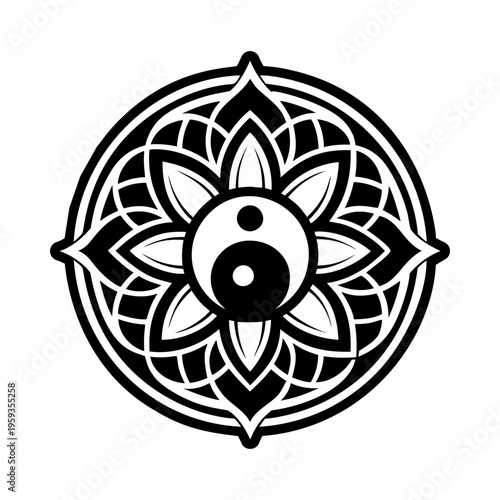 Yin yang symbol within a floral mandala, glyph icon