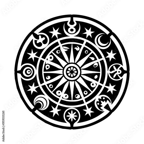 Zodiac wheel tattoo icon in glyph style