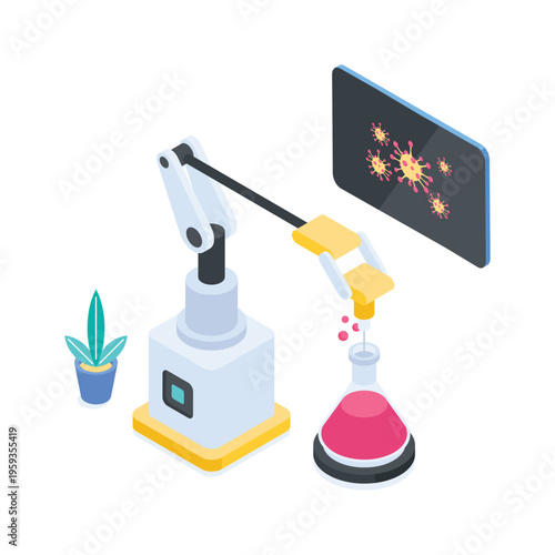 Modern isometric illustration showing laboratory automation and scientific robotics technology