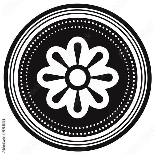 Abstract floral medallion graphic element in black, stylized blossom design