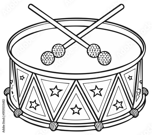 Line Art Drum with Crossed Drumsticks Musical Instrument Drawing for Coloring Books