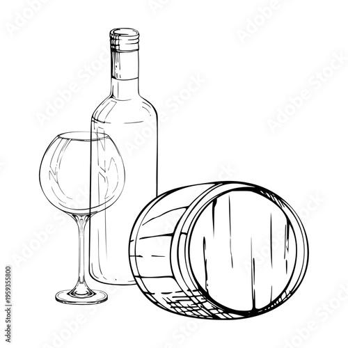 Wine composition with bottle, wooden barrel and balloon glass still life. Isolated ink vector illustration hand drawn for winery branding, wine labels, menu inserts, tasting posters, editorial design.