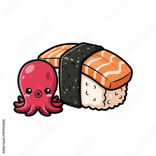 Cute cartoon octopus next to salmon nigiri sushi