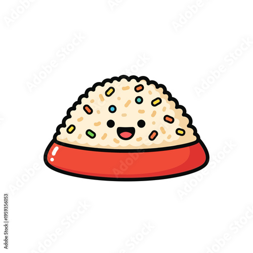 Cute cartoon rice bowl with smiling face and colorful sprinkles