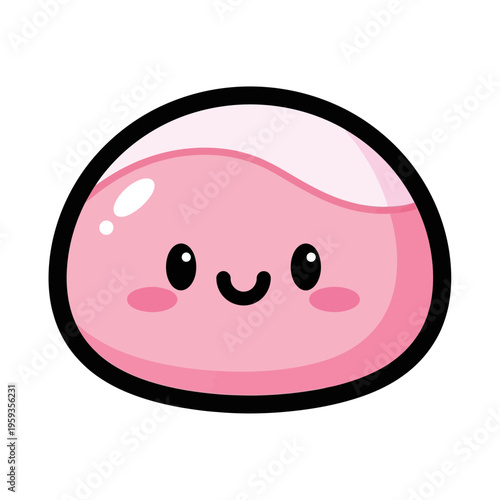 Cute kawaii pink mochi character, sweet food illustration, happy face, isolated on white