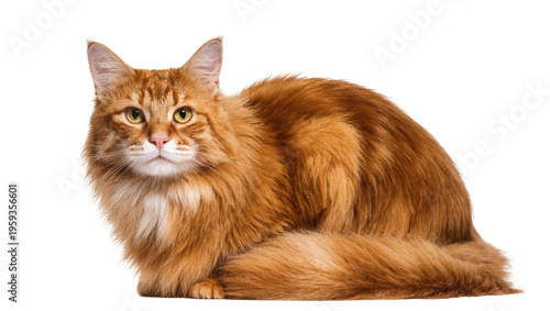 Obraz na płótnie Beautiful fluffy ginger cat with amber eyes lying down and looking at the viewer