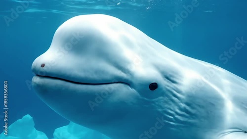 Close-up portrait of a majestic white beluga whale swimming underwater in a deep blue arctic environment with icebergs and bright sunlight rays.