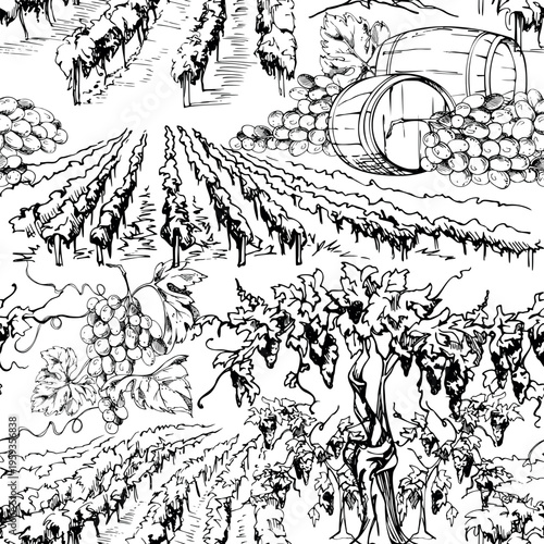 Vineyard landscape scenery, leafy grapevine field rows to harvest, wine storage barrels. Seamless pattern hand drawn in ink vector illustration. Travel guides and vineyard maps, cookbook decoration