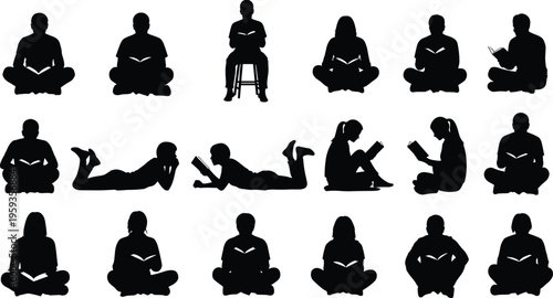 Set of people reading books silhouettes in various sitting and lying poses, students studying, group of men and women readers