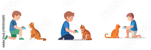 A little boy giving food to a cat, flat vector, no outlines, clean white background