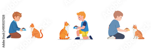 A little boy giving food to a cat, flat vector, no outlines, clean white background