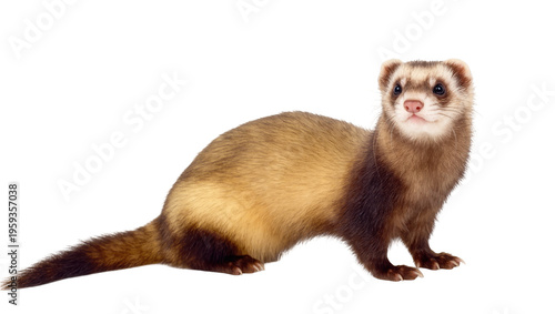 Charming domestic ferret with distinctive brown markings standing alert and curious
