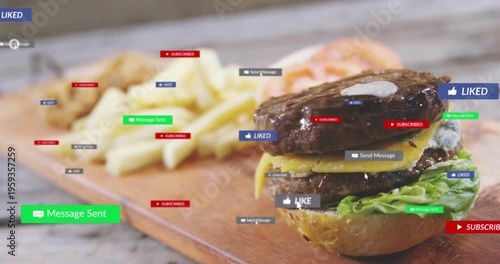 Vertical video: Badges signaling likes around burger on board as sauce dripping, fading, copy space