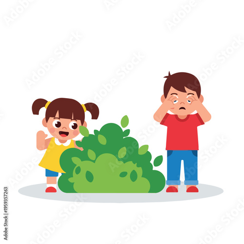 A child hiding and searching during a game, flat vector, no outlines, white background