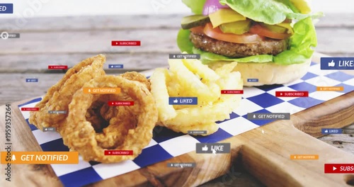 Burger and fries on board, cursor moving social badges flooding over food then clearing for promo