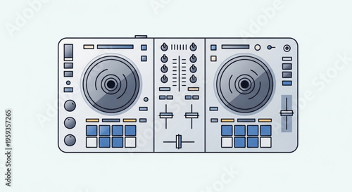 Dj controller with dual turntables and mixer on a clean white background for music production and entertainment