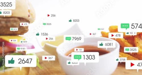 Animated badges appearing and floating around sauce and fries, camera panning, burger showing buzz