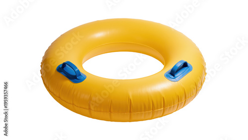 Vibrant yellow inflatable swim ring with sturdy blue handles for summer water recreation.