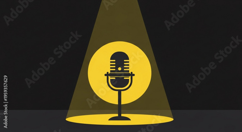 Vintage microphone in spotlight on dark background symbolizing broadcasting and public speaking