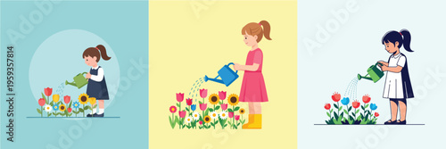 A child taking care of plants with water, flat design, no outline, minimalist, solid background