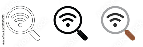 WiFi Magnifying Glass Icons Search Network Signal Internet Connectivity Analysis Technology Wireless Scan Discovery Vector Illustration Set Isolated Background