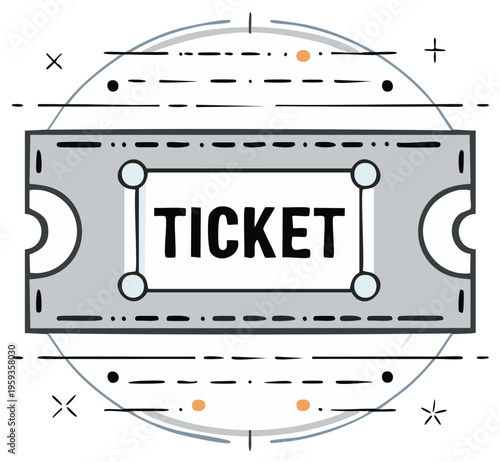 Stylized illustration of a ticket with the word 'TICKET' in bold black font, surrounded by abstract circular graphic elements.