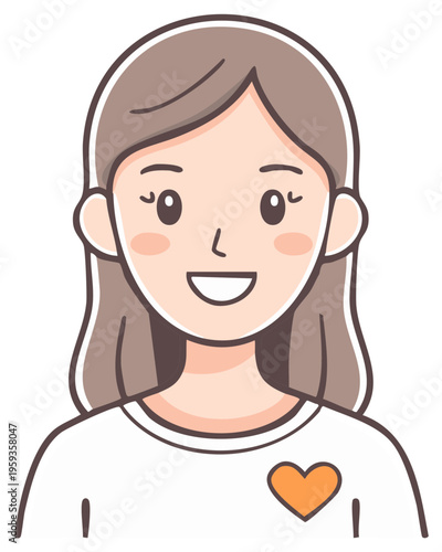 Smiling cartoon woman with brown hair wearing a heart on her shirt for Valentine's day illustration