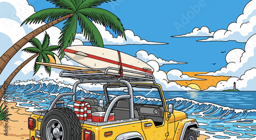 Beach, surf, yellow jeep, palm trees, summer vacation