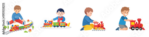 A child using a toy train set, flat design, no outline, simple composition