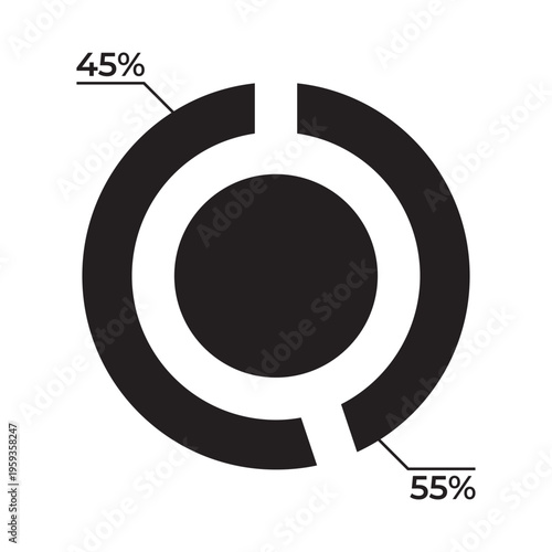 Pie Chart 45 55 Glyph Icon. Solid pie chart glyph icon representing data analytics, statistics, and business reports in modern filled style.