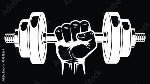 A clenched fist gripping a dumbbell in a powerful stance