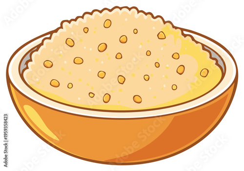 Bowl of cornmeal with round pieces, warm colors food concept