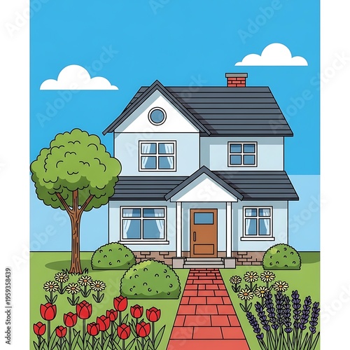 Suburban white house with garden.