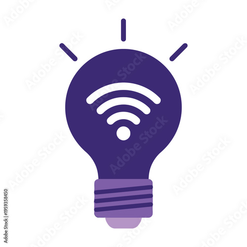 Purple lightbulb with wi fi symbol representing innovation and modern technology concepts with simple design and clean lines on a white background